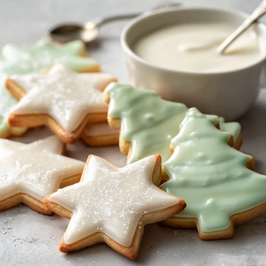 Small white ceramic bowl filled with thick, shiny white wet icing and a small metal spoon resting inside next to flooded cookies.