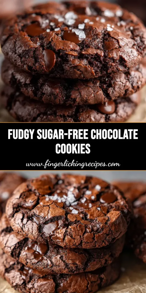 A close up stack of thick, fudgy Gluten Free Chocolate Cookies resting on crumpled parchment paper, topped with coarse sea salt and melted chocolate chips.