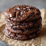 A close up shot of a stack of thick, dark brown fudgy chocolate cookies resting on crumpled unbleached parchment paper on a dark slate countertop. (Gluten Free Chocolate Cookies)