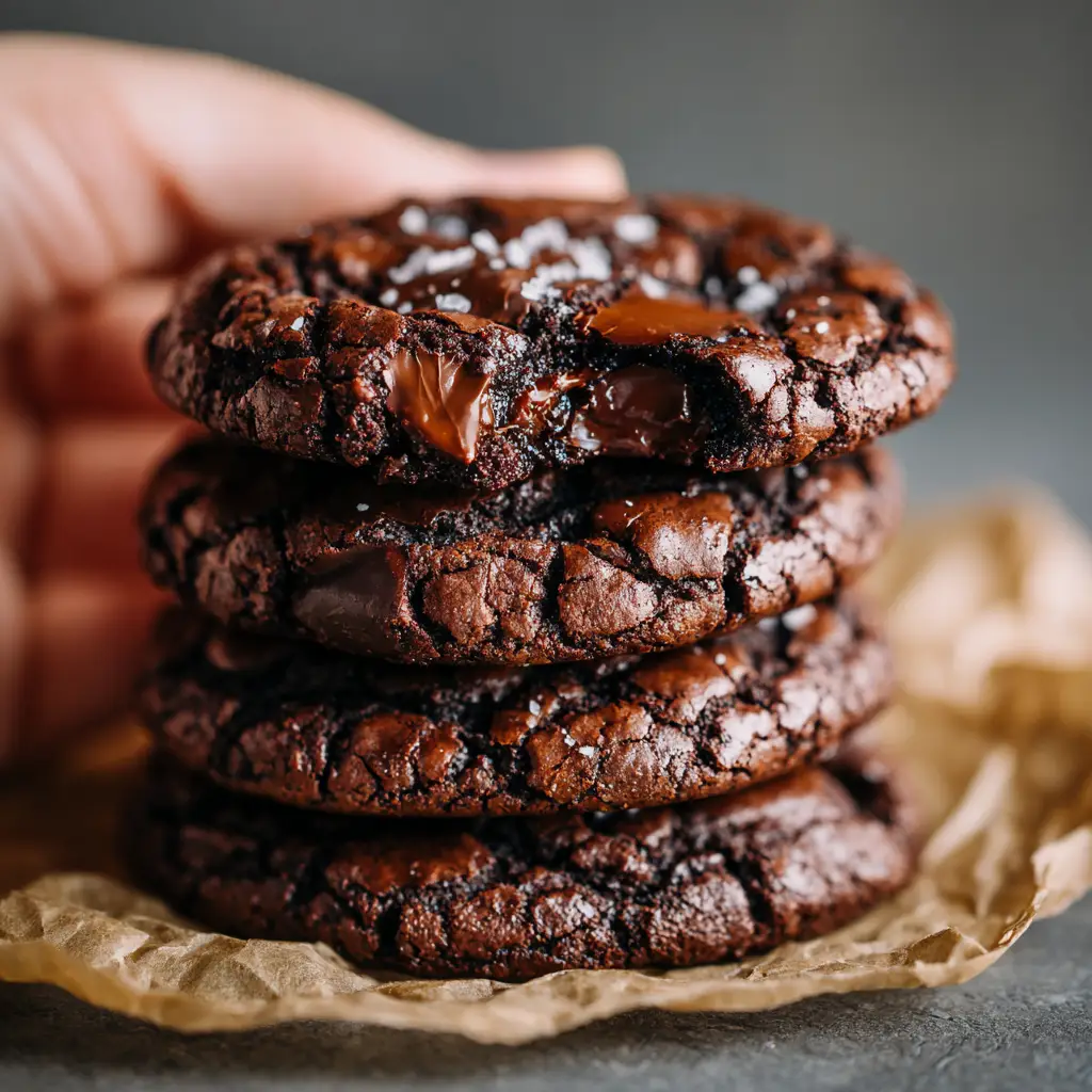 Top down view of glossy melted semisweet chocolate chips and scattered coarse sea salt flakes on a dark, freshly baked chocolate crinkle cookie.