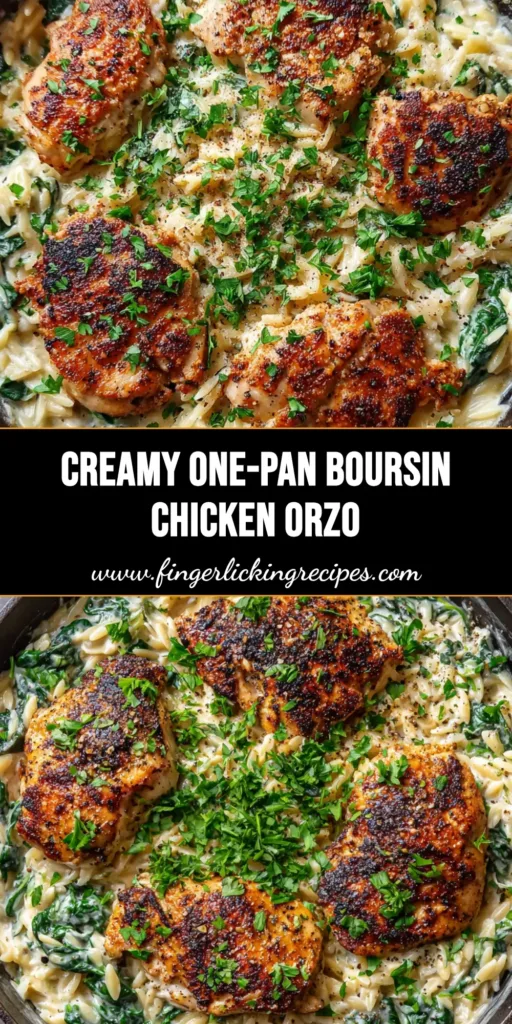 A top-down view of creamy white herb-infused Boursin Chicken Orzo in a cast iron skillet, garnished with fresh flat-leaf parsley and cracked black pepper.
