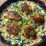 Golden-brown pan-seared chicken breasts nestled in thick creamy orzo pasta with wilted dark green spinach.