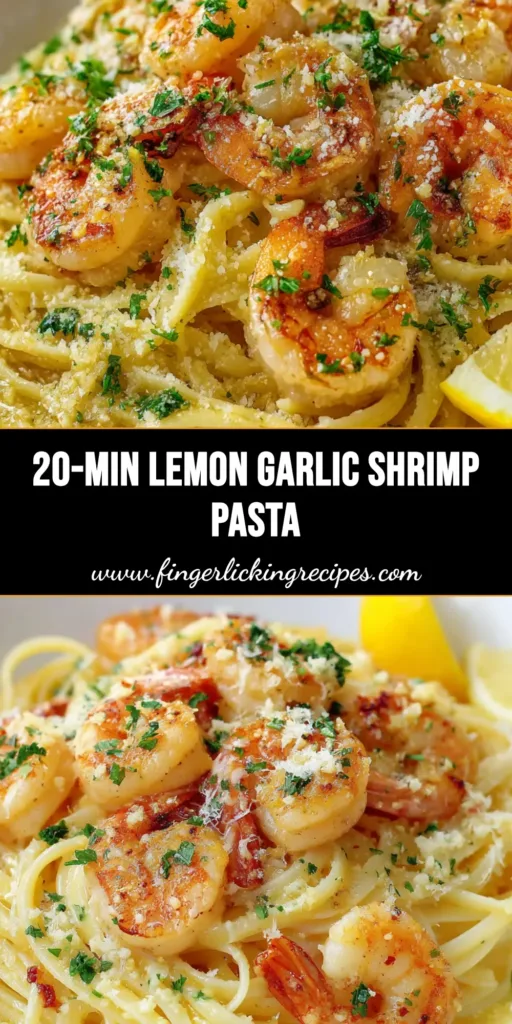 The Ultimate Lemon Butter Garlic Shrimp Pasta 5 A shallow white ceramic bowl filled with Lemon Butter Garlic Shrimp Pasta, garnished with fresh parsley, parmesan, and a lemon wedge.