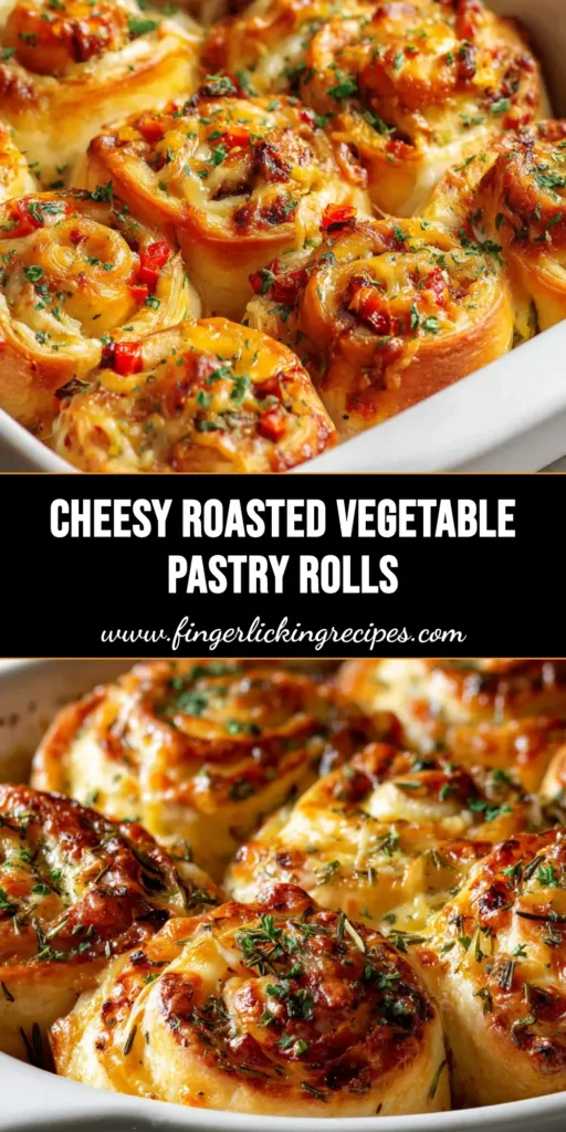 Golden brown baked puff pastry Cheesy Vegetable Rolls filled with melted cheddar, roasted peppers, zucchini, and onions in a ceramic baking dish.
