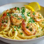 Close up shot of creamy lemon butter garlic shrimp pasta in a shallow white ceramic bowl showcasing plump pink pan-seared shrimp.