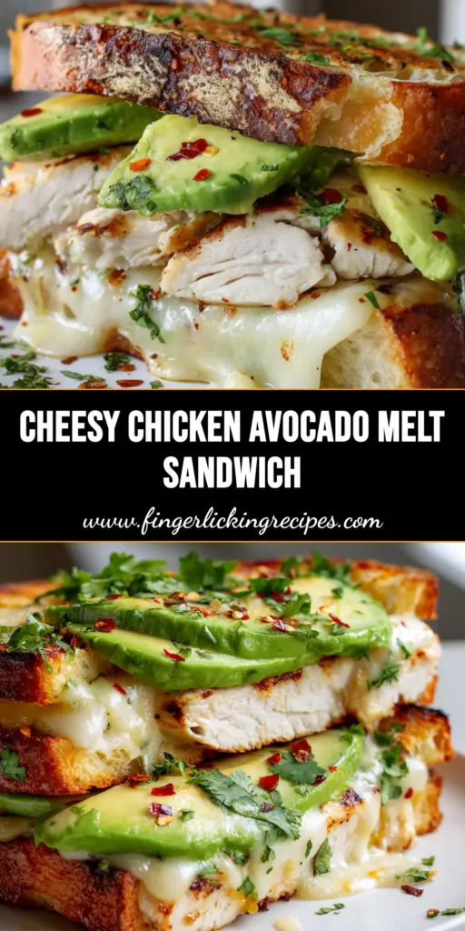 A close-up of a halved Chicken Avocado Melt sandwich on toasted artisan sourdough, showing juicy grill-marked chicken, bright green sliced avocado, and gooey blistered provolone and mozzarella cheese.