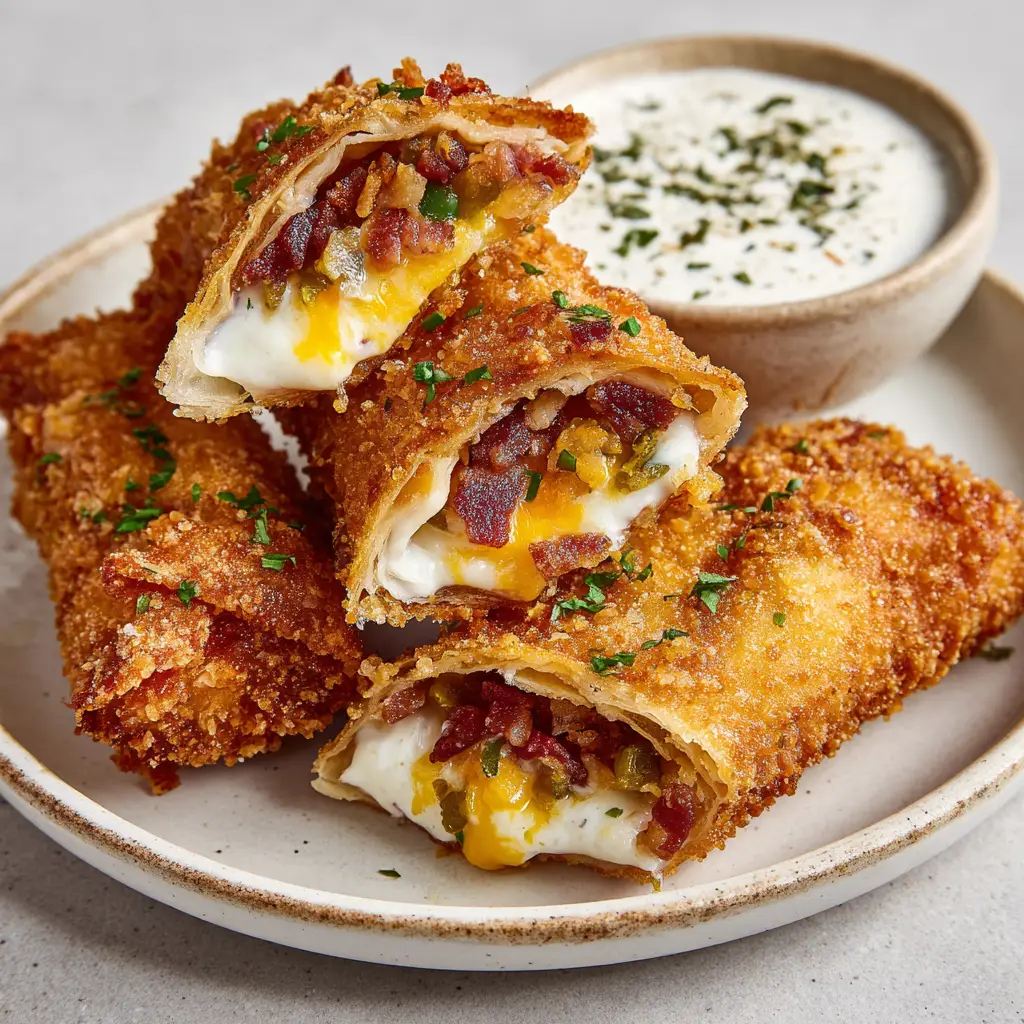 Handheld smartphone photo of crispy deep-fried egg rolls stuffed with jalapenos, bacon, and cheese in natural daylight.