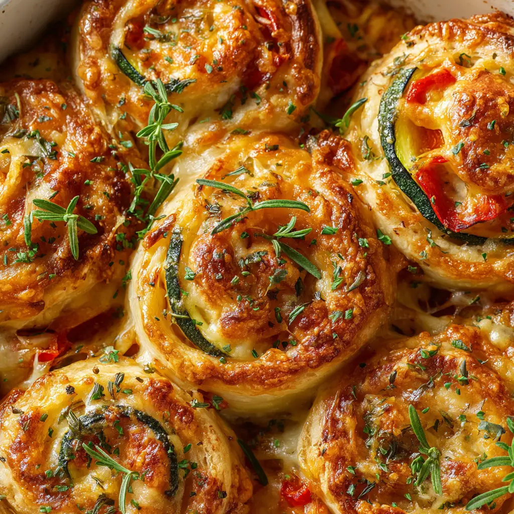 Overhead view of a ceramic baking dish filled with Cheesy Vegetable Rolls topped with fresh chopped rosemary and parsley.