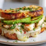 Thick slice of golden-brown toasted artisan sourdough topped with grill-marked chicken, fresh overlapping avocado, and melted cheese garnished with red pepper flakes and cilantro.