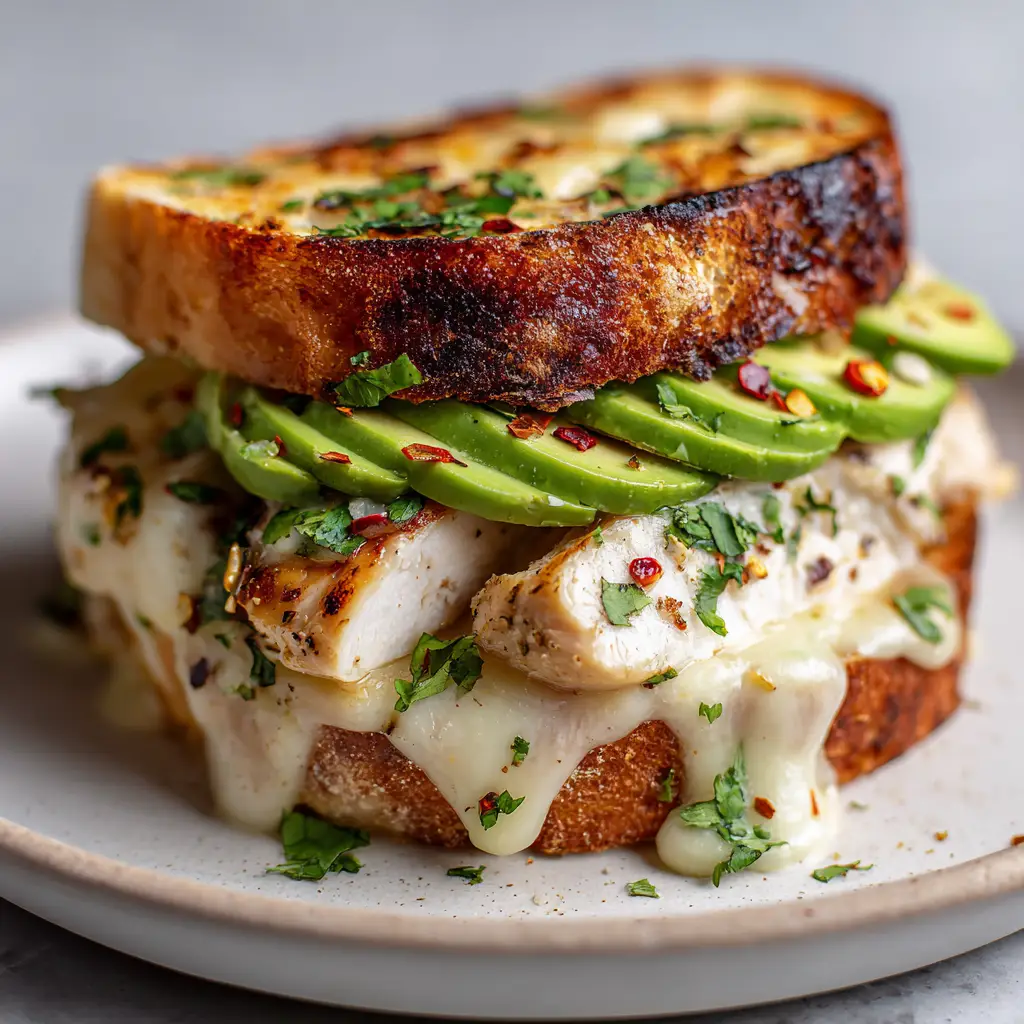 Top bun resting slightly askew on a Chicken Avocado Melt, revealing a generous cheese pull from blistered provolone and mozzarella.