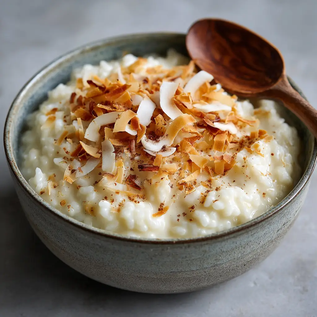 Close up of golden brown toasted coconut flakes and ground nutmeg garnished over a white coconut rice pudding.