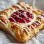 Top-down view of a golden-brown flaky puff pastry square filled with white cream cheese, bright red raspberry preserves, and vanilla icing.