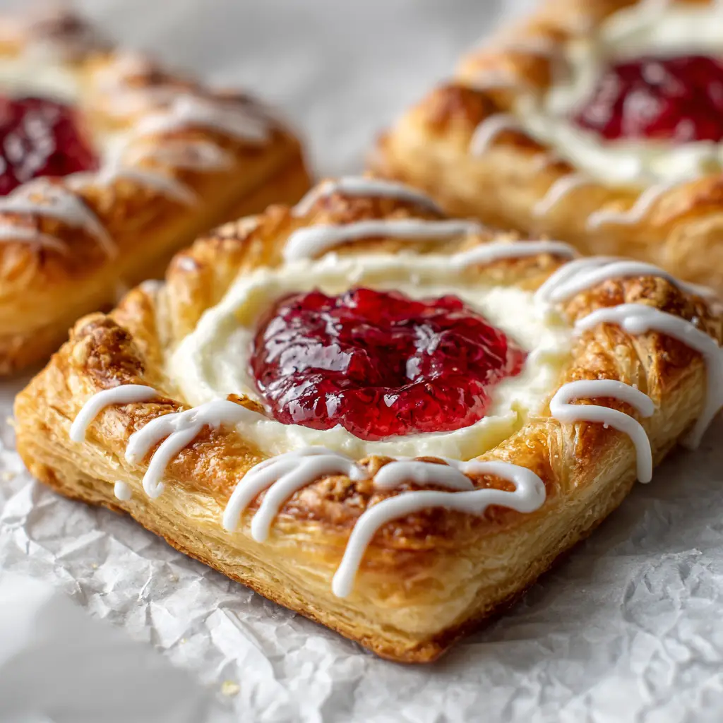 Close-up showing the visibly crisp, separated layers folded at the edges of a raspberry cheesecake danish.