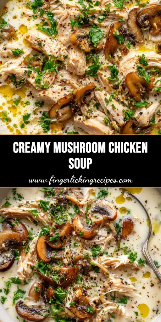 Creamy Mushroom Chicken Soup: A Velvet-Rich Culinary Masterpiece 5 Overhead view of Creamy Mushroom Chicken Soup in a rustic ceramic bowl, featuring velvety cream broth, tender chicken, deeply browned mushrooms, parsley, and coarse black pepper.