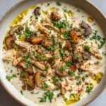 Close up of thick velvety off-white cream broth loaded with tender cooked shredded chicken breast and sauteed cremini mushrooms.