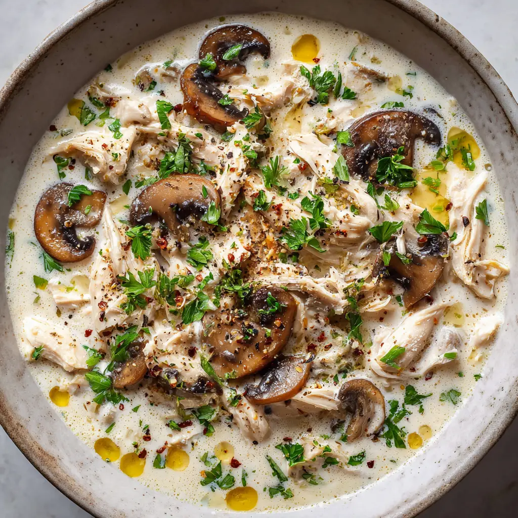 Creamy Mushroom Chicken Soup: A Velvet-Rich Culinary Masterpiece 2 Creamy Mushroom Chicken Soup garnished with fine chopped green parsley, coarse black pepper flakes, and golden oil droplets.