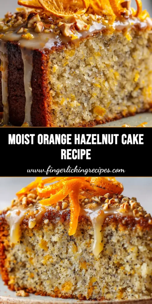 A tall slice of Orange Hazelnut Cake with a glossy citrus glaze and crushed hazelnuts on top, served on a rustic plate.