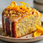 Close up of the thick spongy crumb of an Orange Hazelnut Cake featuring visible bright orange zest flecks.