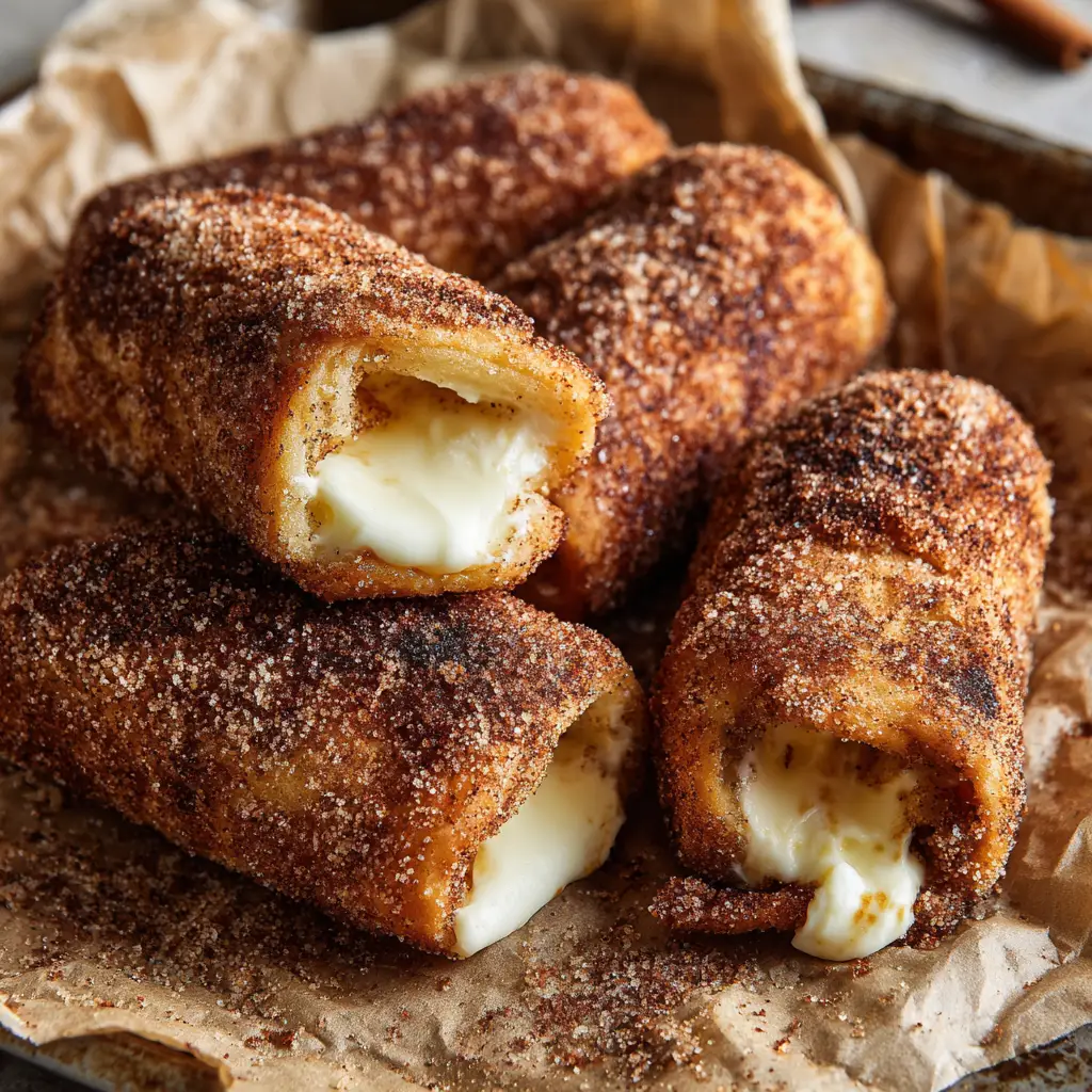 A broken open Cream Cheese Cinnamon Sugar Roll revealing a rich, smooth, gooey white cream cheese filling oozing from the center.