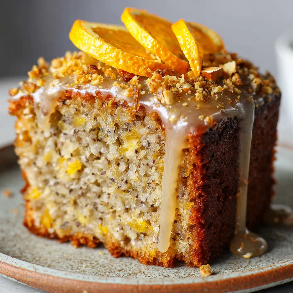 Top view of a glossy translucent orange citrus glaze dripping down the sides of a fresh Orange Hazelnut Cake, garnished with twisted candied orange peel.