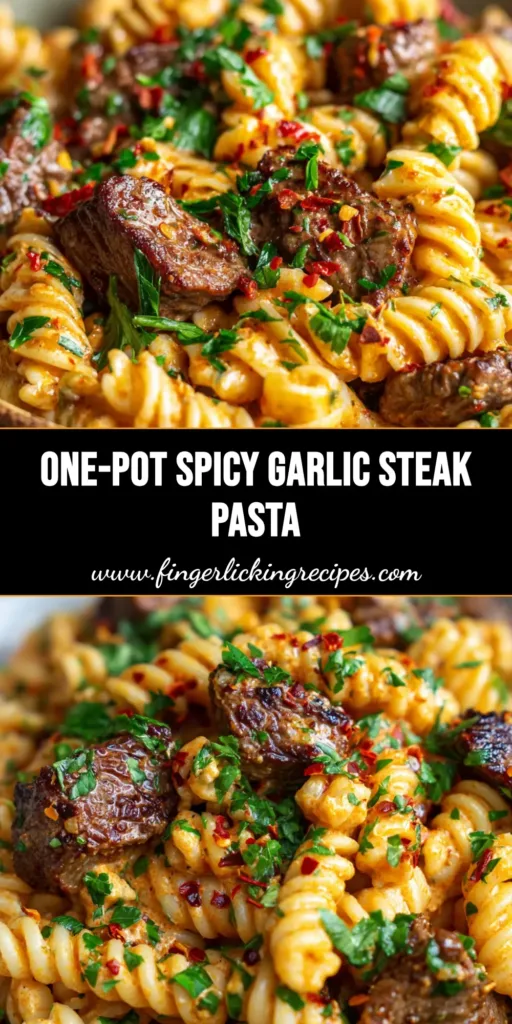 A close-up of a rustic bowl filled with Spicy Garlic Butter Steak Pasta, featuring seared steak bites, rotini, and an orange-tinted creamy sauce topped with parsley.