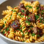 The Ultimate Spicy Garlic Butter Steak Pasta Recipe Perfectly browned bite-sized steak chunks mixed with rotini pasta in a rich, spicy garlic butter cream sauce.