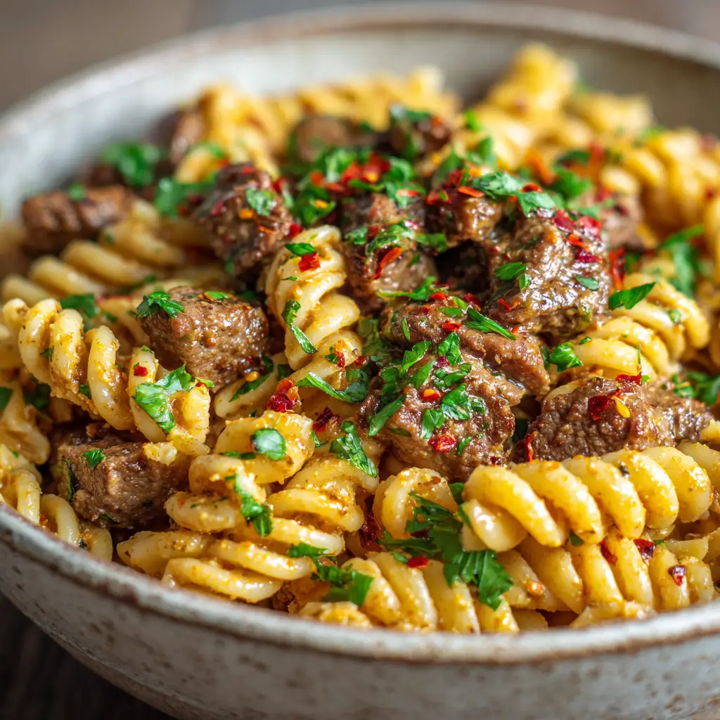 Close up of cooked rotini pasta coated in a slightly orange-tinted spicy garlic butter sauce with seared meat.