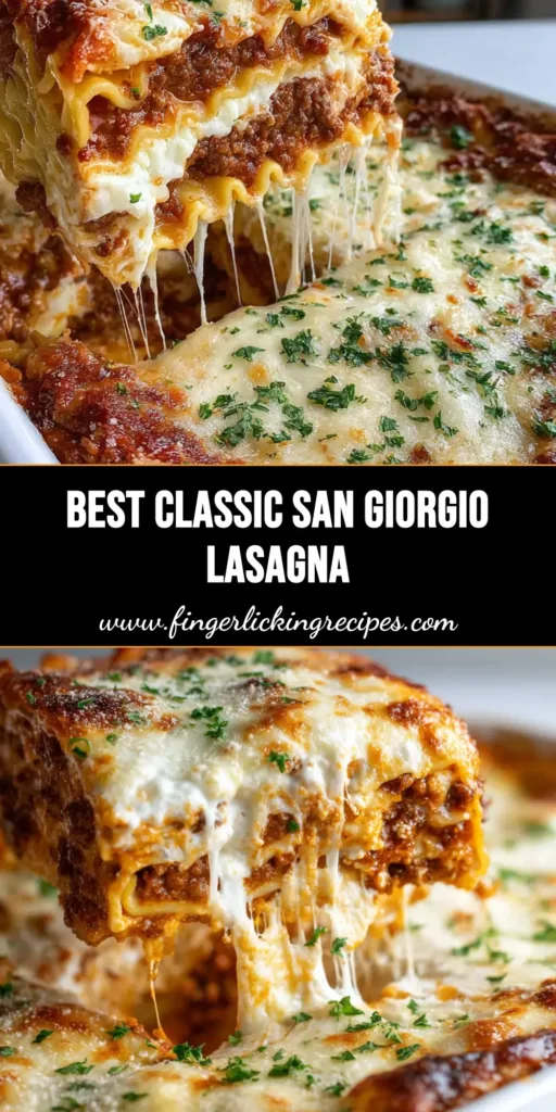 The Ultimate San Giorgio Lasagna Recipe: A Masterpiece of Melted Cheese 5 A freshly baked San Giorgio Lasagna Recipe in a white ceramic dish with deeply golden-brown blistered mozzarella and fresh parsley.