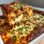 Close-up of a lifted square slice of San Giorgio Lasagna showing distinct horizontal layers and gooey melted cheese strings. (San Giorgio Lasagna Recipe)