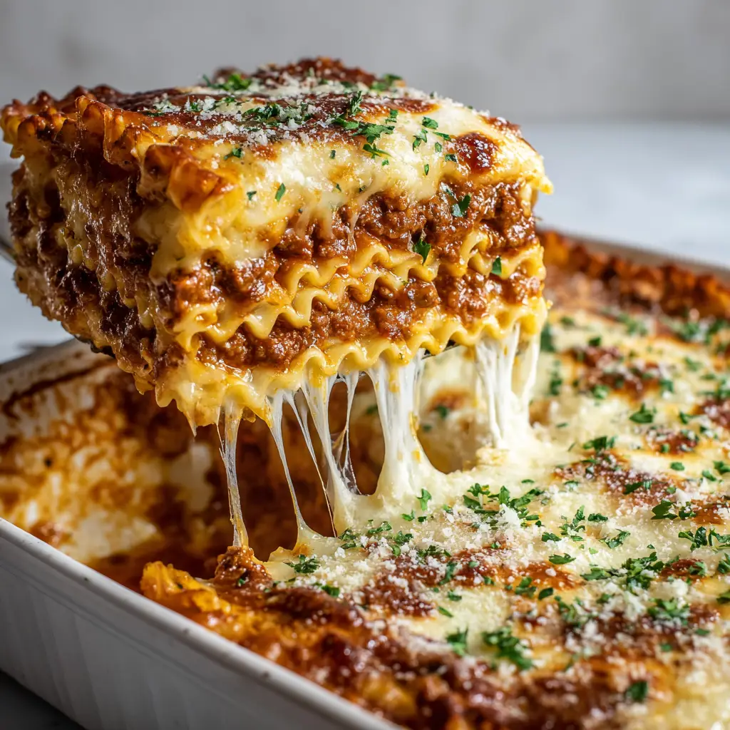 The Ultimate San Giorgio Lasagna Recipe: A Masterpiece of Melted Cheese 2 Top view of ruffled edge lasagna noodles, creamy ricotta, and dark red marinara beef sauce in a ceramic casserole dish.
