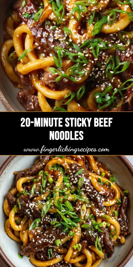 Irresistible 20-Minute Sticky Beef Noodles 5 A rustic ceramic bowl of thick udon noodles coated in a glossy dark brown sticky sauce, topped with seared beef, green onions, and sesame seeds.