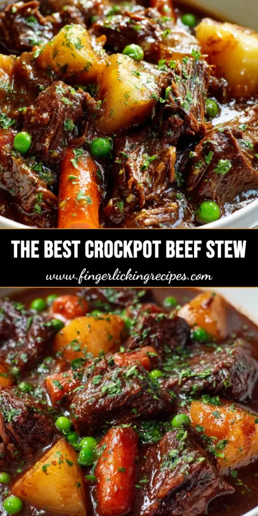 A rustic ceramic bowl filled with hearty Crockpot Beef Stew featuring thick dark brown broth, fork-tender beef, baby yellow potatoes, carrots, and peas.