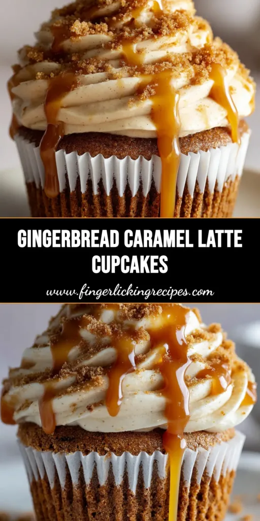 A close-up shot of a spiced brown Gingerbread Caramel Latte Cupcake baked in a white parchment paper liner, topped with a tall fluffy swirl of light beige espresso buttercream frosting and thick amber caramel sauce drizzle.