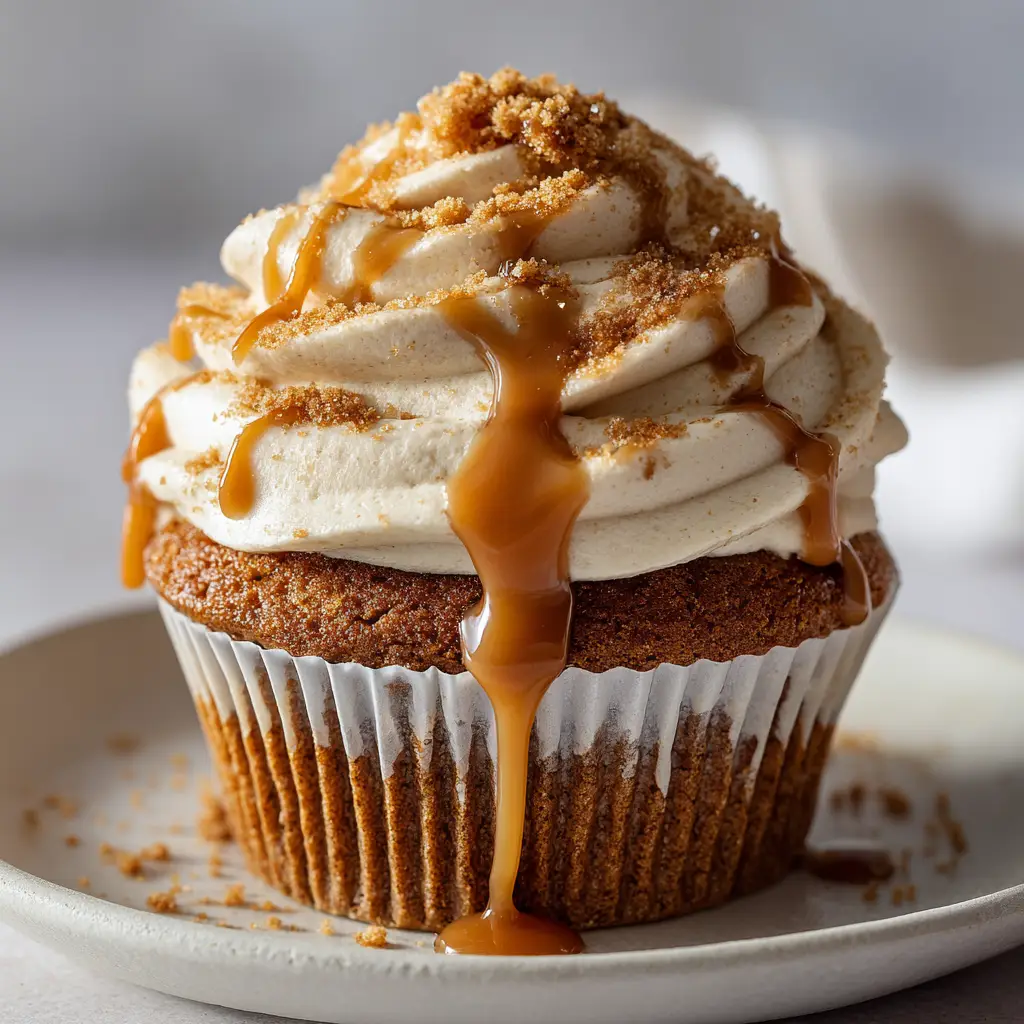 Glossy amber caramel sauce dripping down the sides of light beige espresso-infused buttercream frosting on a gingerbread cupcake.