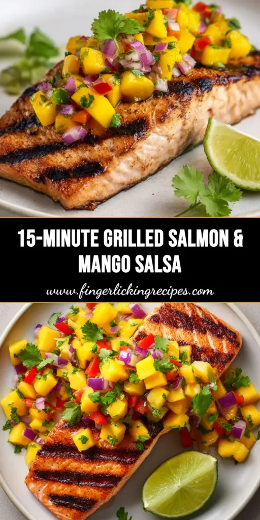 A beautifully plated Grilled Salmon with Mango Salsa featuring prominent dark grill marks and bright diced mango on a white ceramic plate.