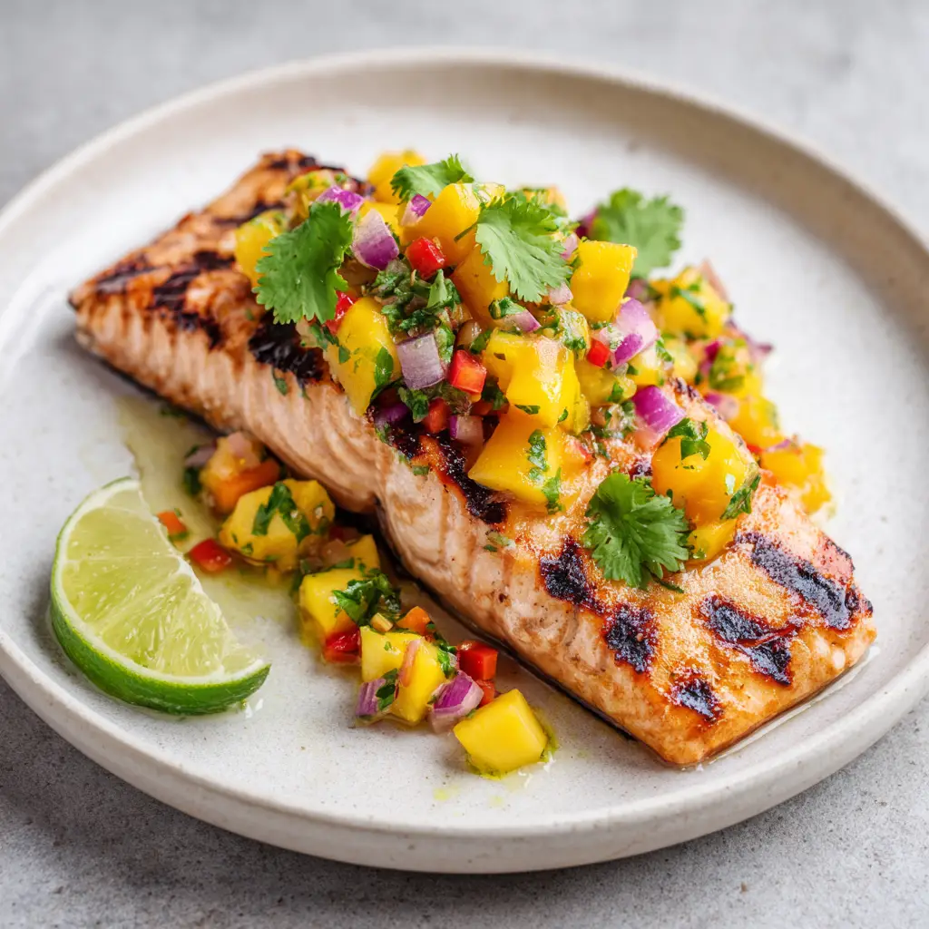 Close up of Grilled Salmon with Mango Salsa highlighting the dark char marks and juicy bright yellow mango.