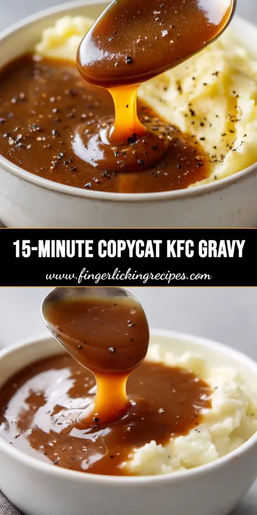 A close up shot of a small white ceramic bowl filled with rich, glossy, medium-brown KFC style gravy featuring coarse black pepper specks.