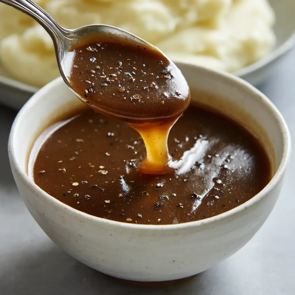 Close up of smooth, authentic KFC copycat brown gravy with visible specks of coarse black pepper in a white ceramic bowl.