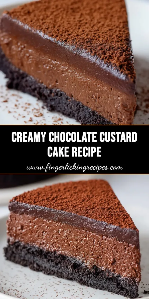 A minimalist plating of a dense, rich chocolate custard cake with an Oreo crust and a fine dusting of matte cocoa powder.
