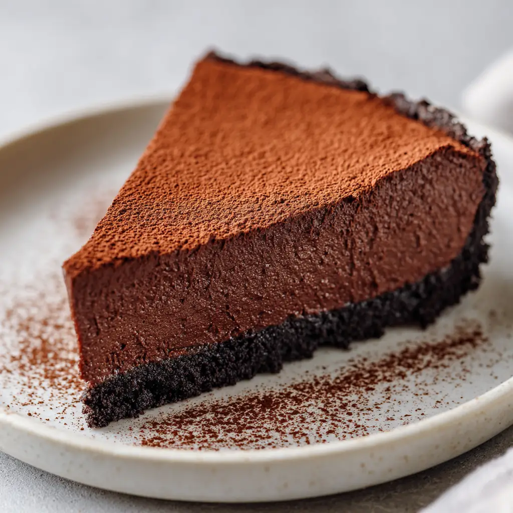 A slice of chocolate custard cake featuring a glossy dark brown creamy filling and a fine matte cocoa powder dusting.