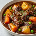 Close-up of hearty Crockpot Beef Stew in a white ceramic bowl showing glossy brown gravy and fresh parsley garnish.