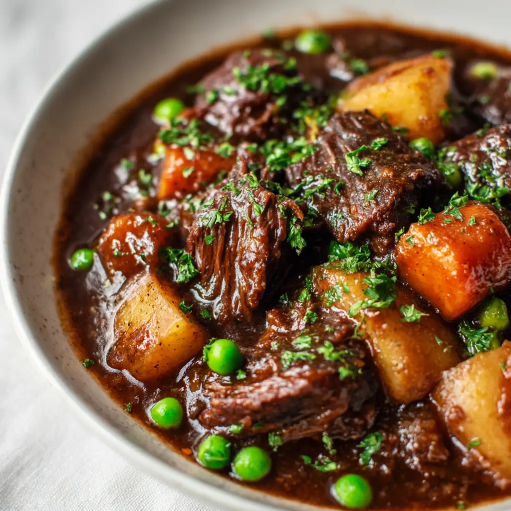 Overhead view of slow-cooked pulled beef chunks, soft cubed russet potatoes, and bright green peas in beef stew.