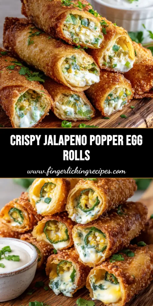 A stack of crispy golden-brown deep-fried Jalapeno Popper Egg Rolls sliced diagonally, oozing with thick melted cream cheese and bright green diced jalapenos, next to ranch dipping sauce.