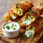 Close up of Jalapeno Popper Egg Rolls sliced in half revealing melted cream cheese and jalapenos on a rustic wooden cutting board with fresh chopped cilantro.