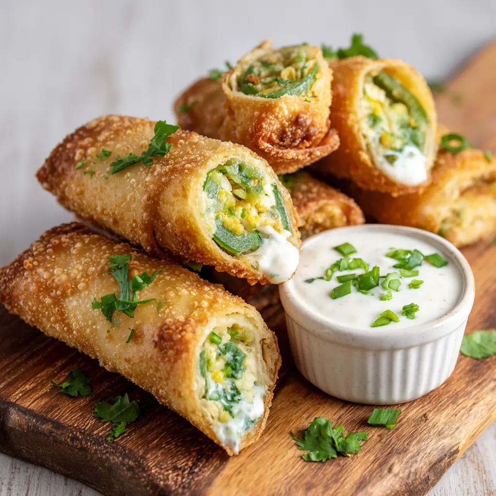 Golden brown deep-fried Jalapeno Popper Egg Rolls next to a small white ceramic ramekin filled with creamy white ranch dipping sauce.