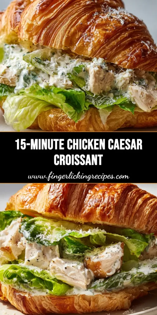 A buttery, flaky split Chicken Caesar Croissant Sandwich resting on a white ceramic plate, layered with romaine lettuce, browned chicken chunks, thick Caesar dressing, parmesan, and coarse black pepper.