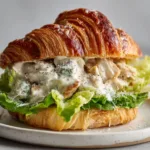 Close up of heavily coated chicken breast chunks in thick off-white Caesar dressing layered on bright green romaine lettuce inside a golden brown croissant.
