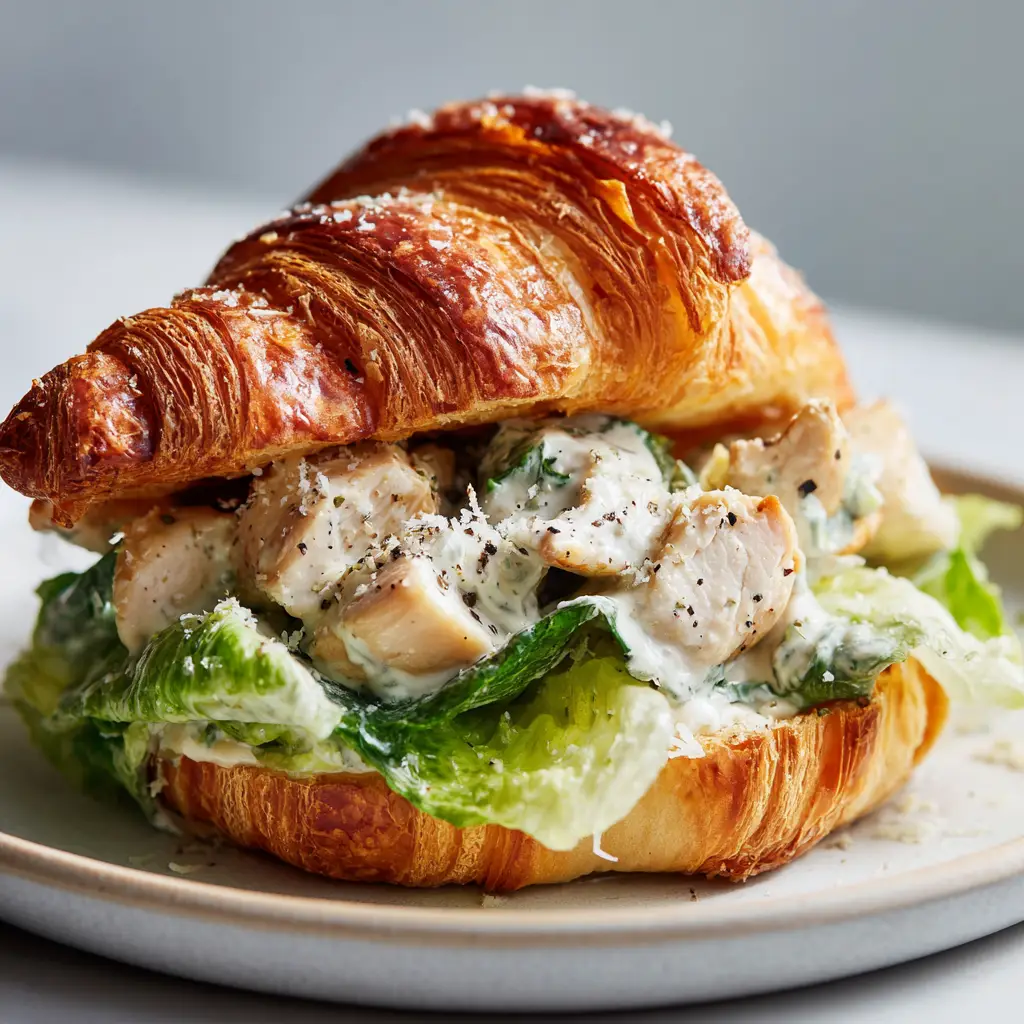 The top half of a golden brown croissant resting slightly ajar on a creamy chicken Caesar filling with finely grated parmesan and black pepper.