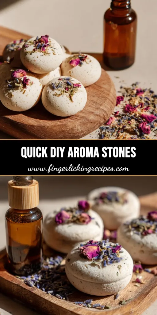 A rustic wooden board holding round, flat, white powdery edible DIY aroma stones garnished with lavender and rose petals.