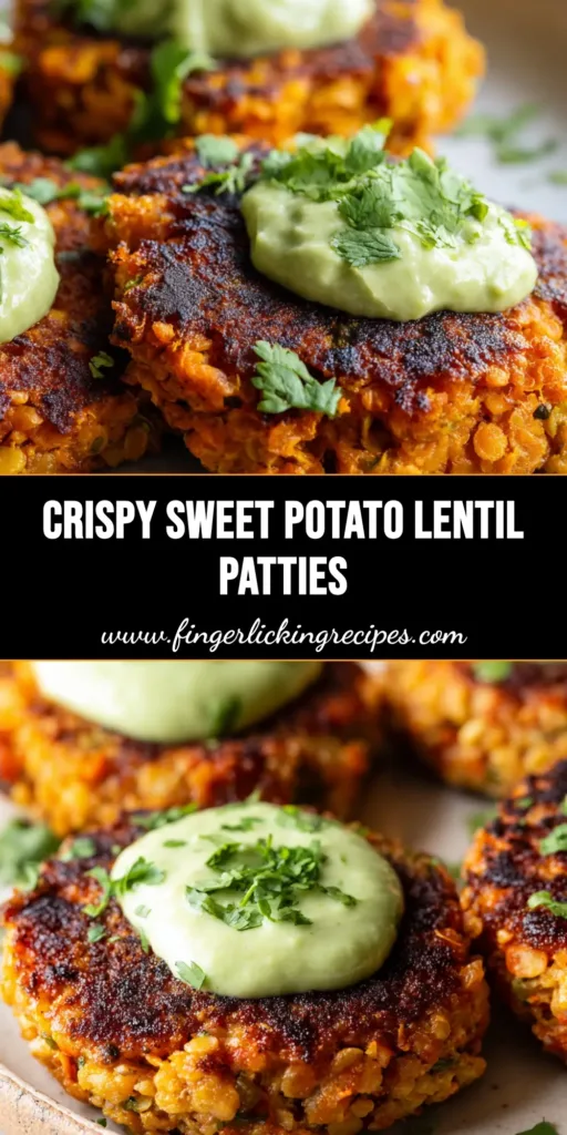 Close up view of golden-brown pan-seared Sweet Potato Lentil Patties topped with creamy pale green avocado cilantro sauce on a rustic plate.